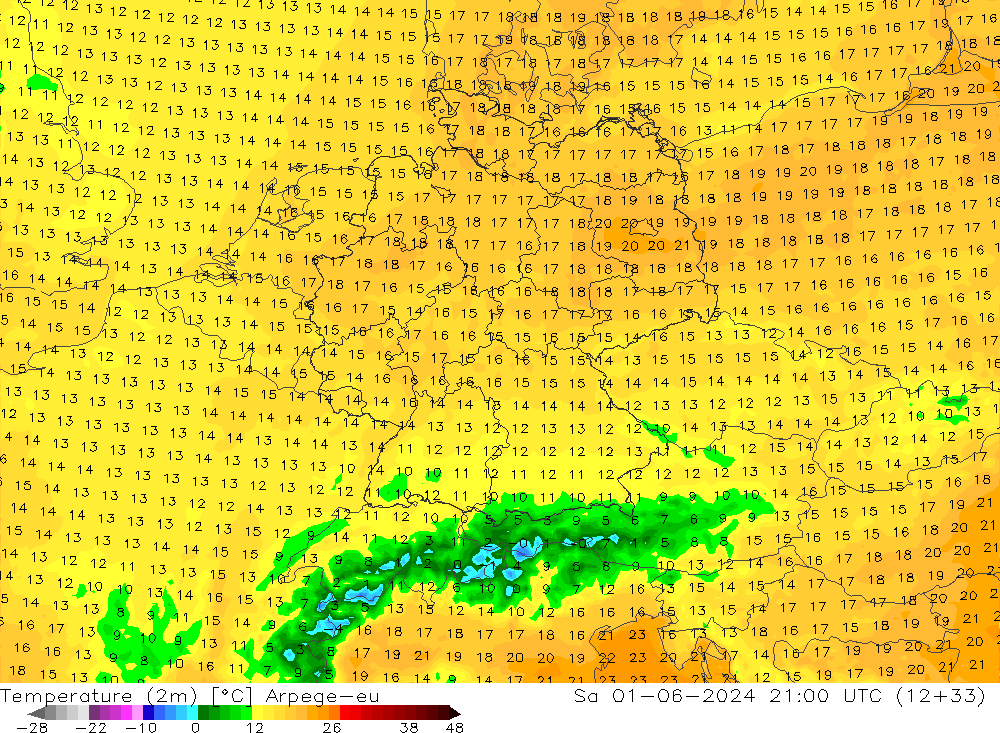 Sıcaklık Haritası (2m) Arpege-eu Cts 01.06.2024 21 UTC