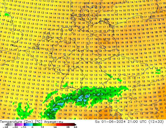 Temperature (2m) Arpege-eu Sa 01.06.2024 21 UTC