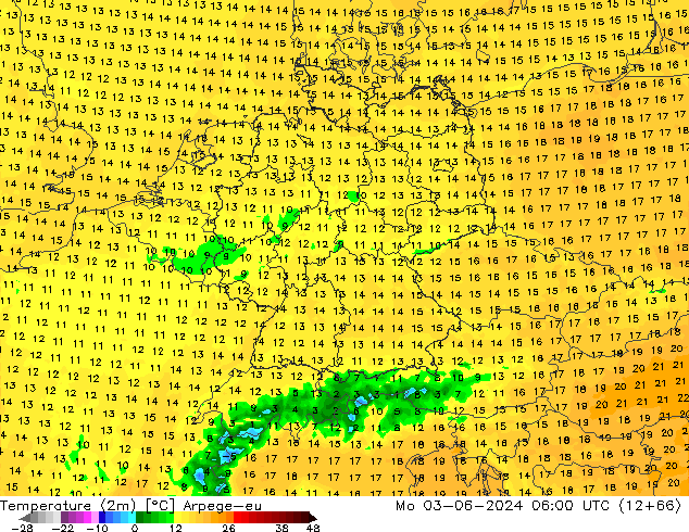 Temperatura (2m) Arpege-eu lun 03.06.2024 06 UTC