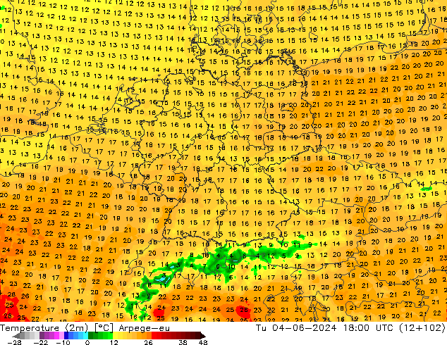 Temperatuurkaart (2m) Arpege-eu di 04.06.2024 18 UTC