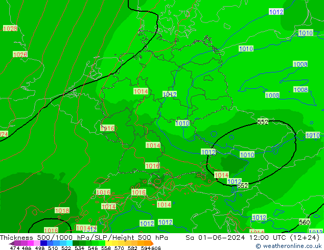 Espesor 500-1000 hPa Arpege-eu sáb 01.06.2024 12 UTC