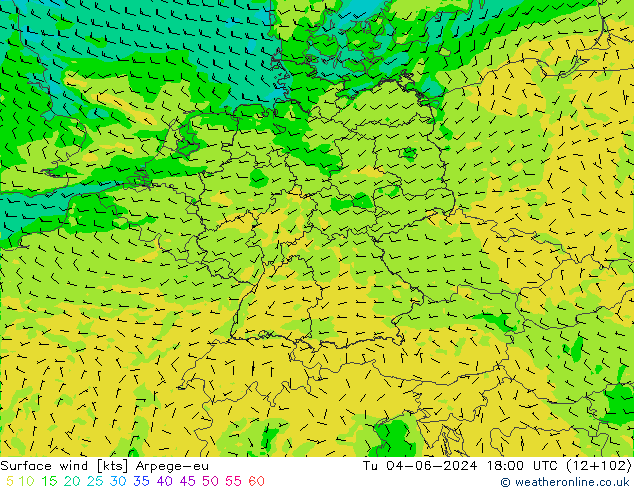 Surface wind Arpege-eu Tu 04.06.2024 18 UTC