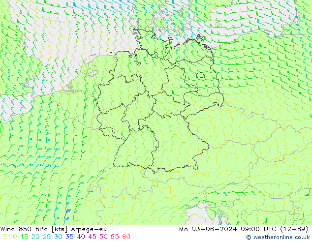 Wind 850 hPa Arpege-eu ma 03.06.2024 09 UTC