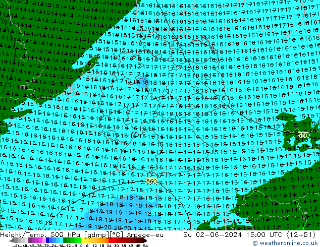 Height/Temp. 500 hPa Arpege-eu Su 02.06.2024 15 UTC