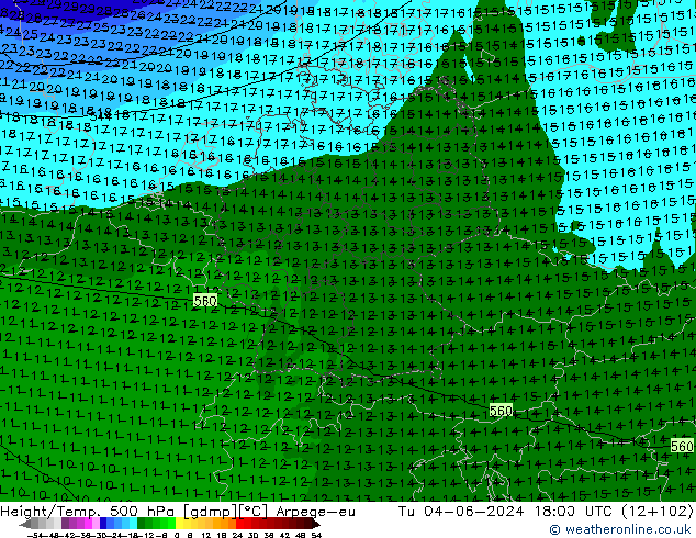 Height/Temp. 500 hPa Arpege-eu wto. 04.06.2024 18 UTC