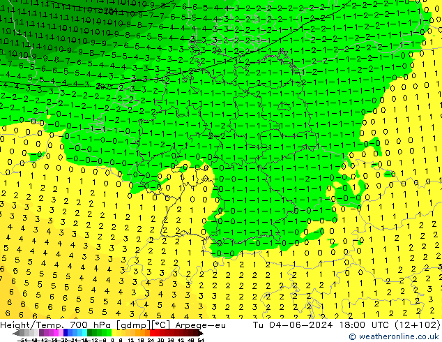 Hoogte/Temp. 700 hPa Arpege-eu di 04.06.2024 18 UTC