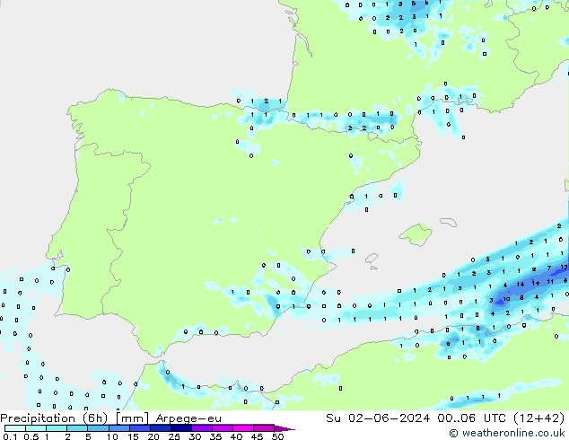 Precipitation (6h) Arpege-eu Su 02.06.2024 06 UTC