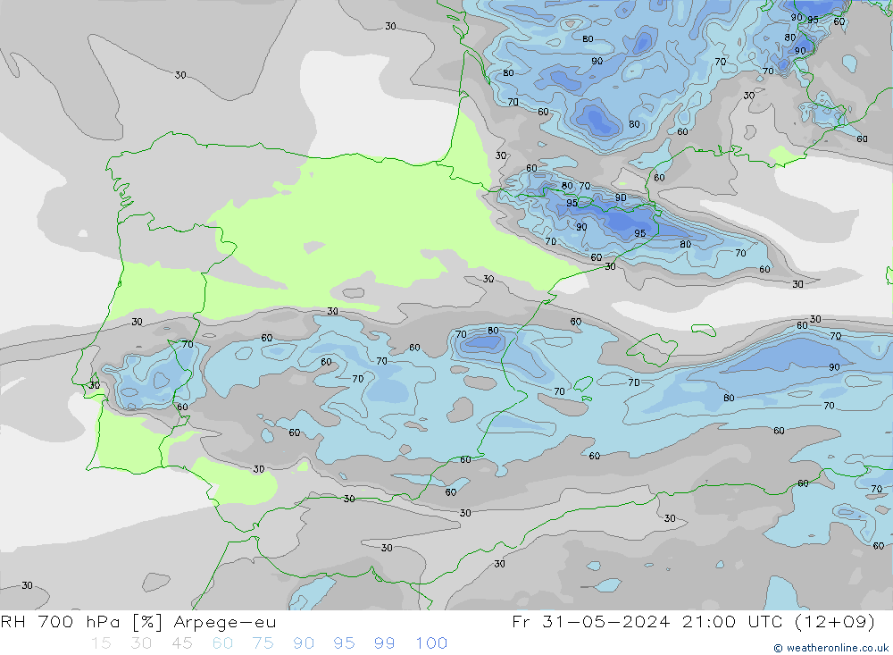 RH 700 hPa Arpege-eu Pá 31.05.2024 21 UTC