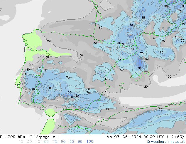 RH 700 hPa Arpege-eu Mo 03.06.2024 00 UTC