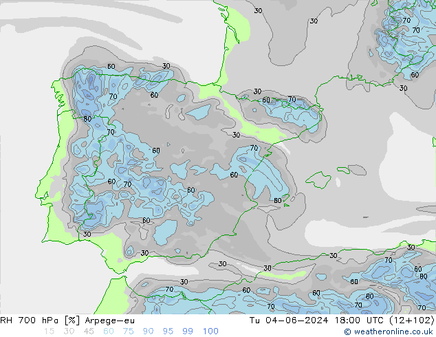 RH 700 hPa Arpege-eu Út 04.06.2024 18 UTC