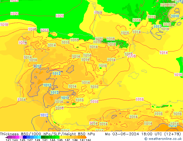 Dikte 850-1000 hPa Arpege-eu ma 03.06.2024 18 UTC