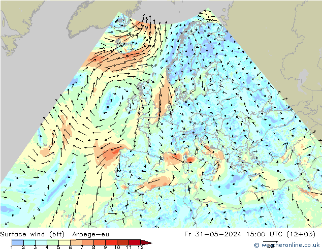 Bodenwind (bft) Arpege-eu Fr 31.05.2024 15 UTC