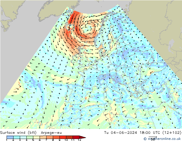 Surface wind (bft) Arpege-eu Tu 04.06.2024 18 UTC