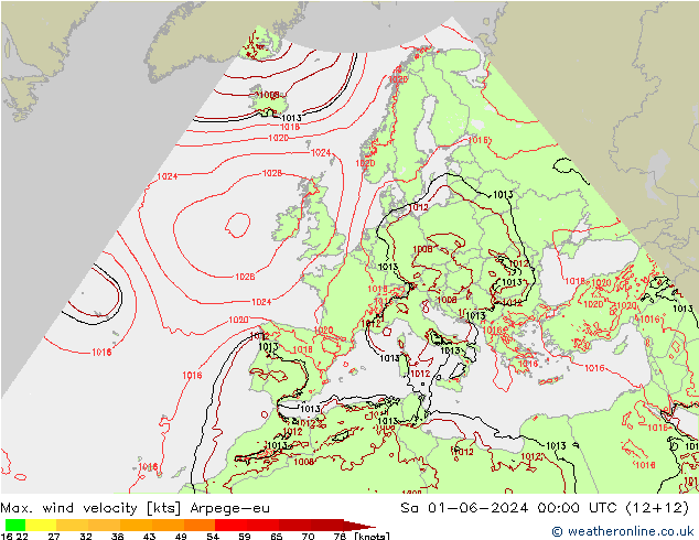 Max. wind velocity Arpege-eu Sa 01.06.2024 00 UTC