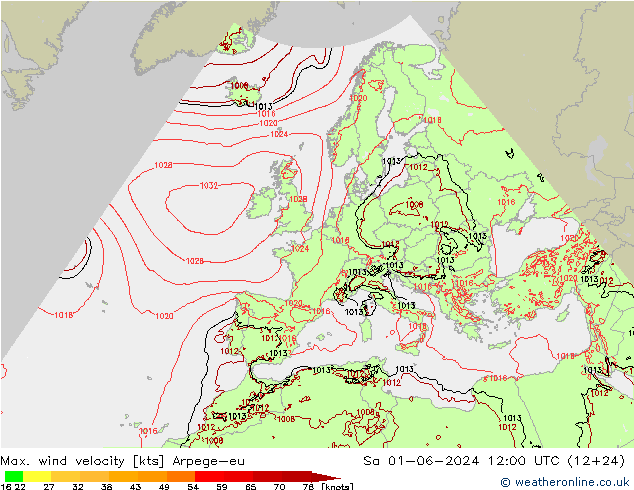 Max. wind velocity Arpege-eu Sáb 01.06.2024 12 UTC