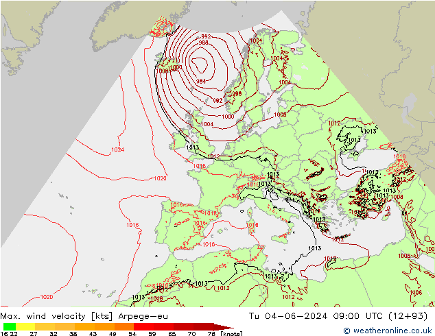 Max. wind snelheid Arpege-eu di 04.06.2024 09 UTC