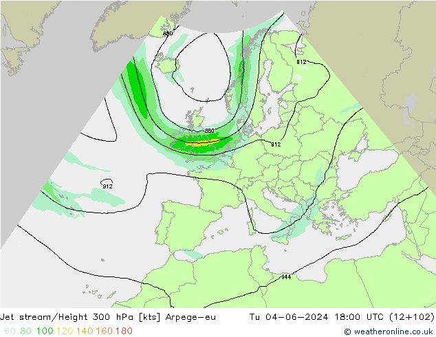 Jet stream/Height 300 hPa Arpege-eu Út 04.06.2024 18 UTC
