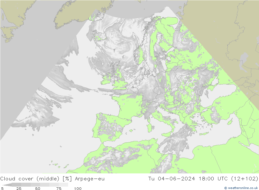 Cloud cover (middle) Arpege-eu Tu 04.06.2024 18 UTC