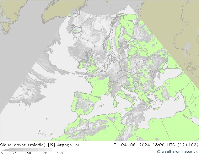 Cloud cover (middle) Arpege-eu Tu 04.06.2024 18 UTC