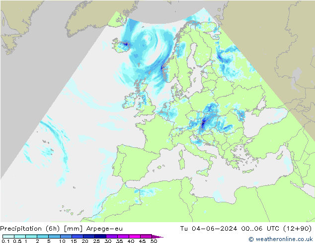 Precipitation (6h) Arpege-eu Tu 04.06.2024 06 UTC