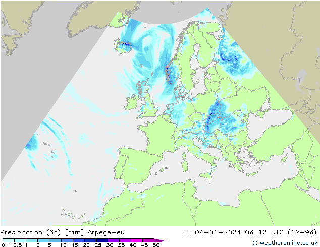 Precipitation (6h) Arpege-eu Tu 04.06.2024 12 UTC