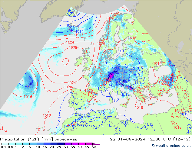 осадки (12h) Arpege-eu сб 01.06.2024 00 UTC