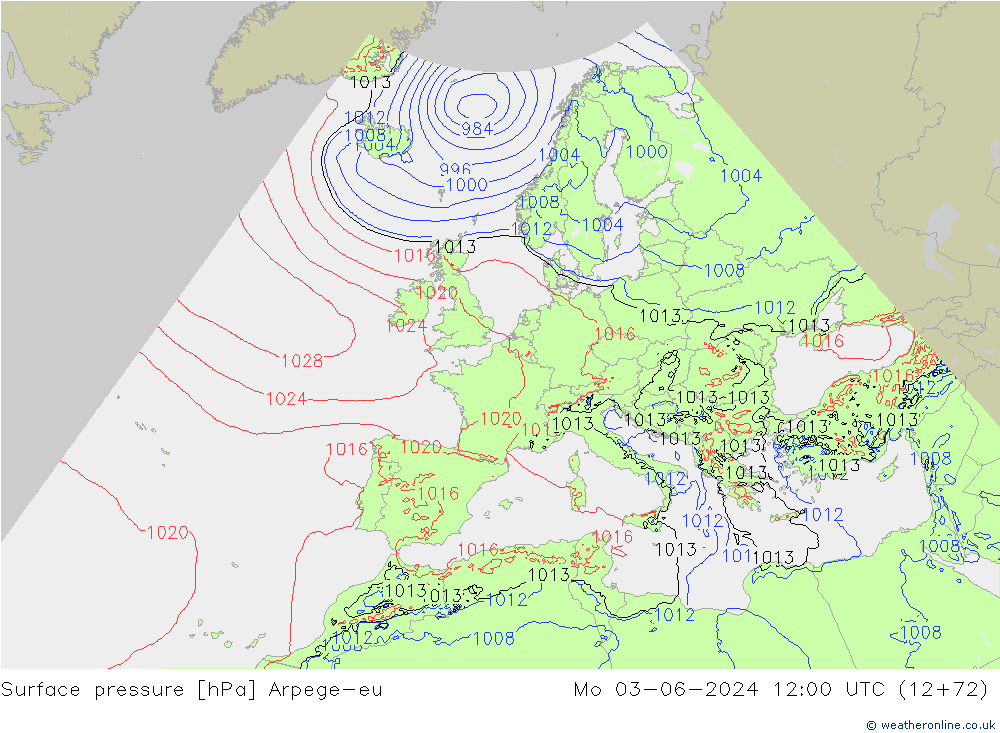 Pressione al suolo Arpege-eu lun 03.06.2024 12 UTC