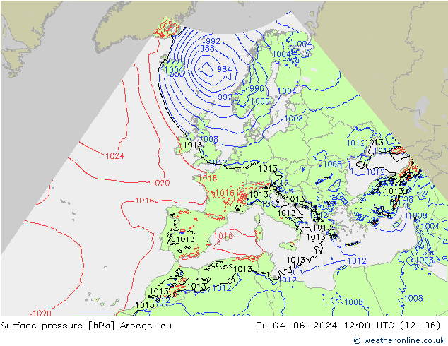 Pressione al suolo Arpege-eu mar 04.06.2024 12 UTC