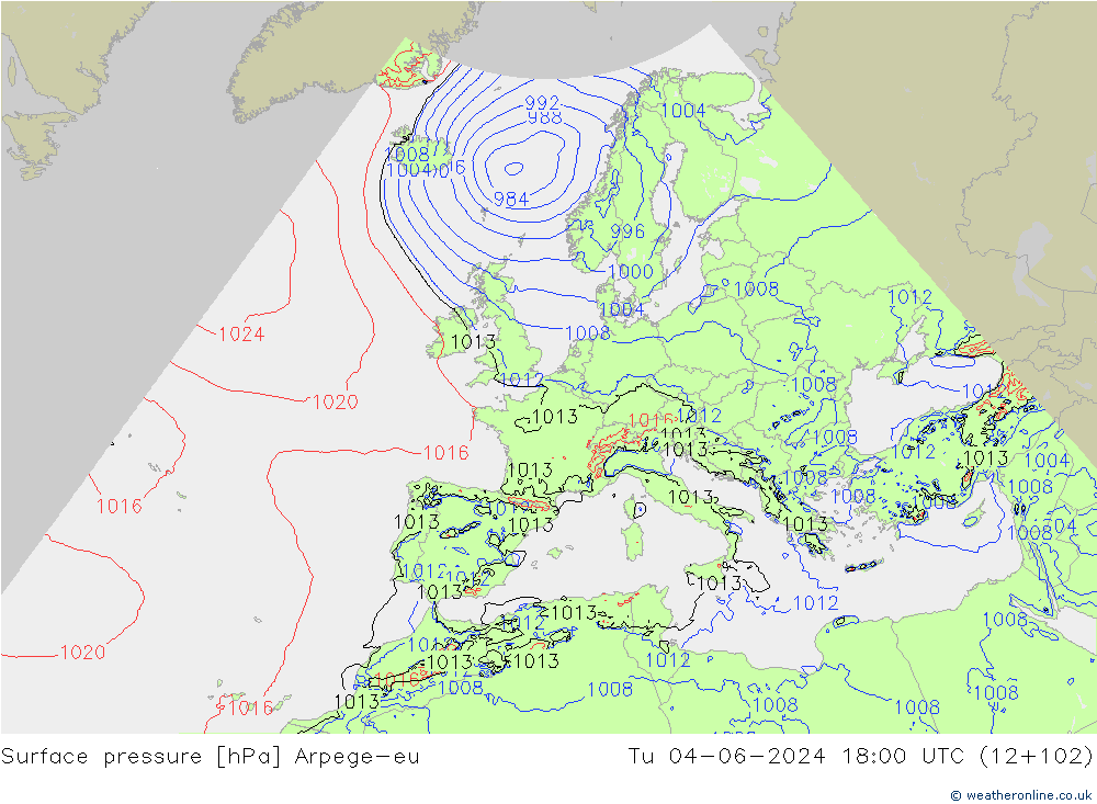 Bodendruck Arpege-eu Di 04.06.2024 18 UTC