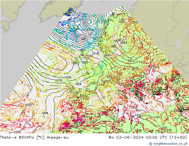 Theta-e 850hPa Arpege-eu Mo 03.06.2024 00 UTC