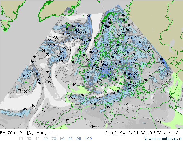 RH 700 hPa Arpege-eu Sa 01.06.2024 03 UTC