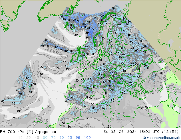 RH 700 hPa Arpege-eu dom 02.06.2024 18 UTC