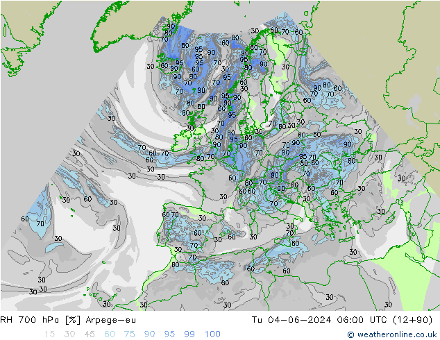 RH 700 hPa Arpege-eu wto. 04.06.2024 06 UTC