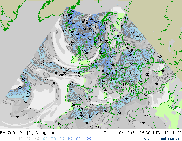 RH 700 hPa Arpege-eu mar 04.06.2024 18 UTC