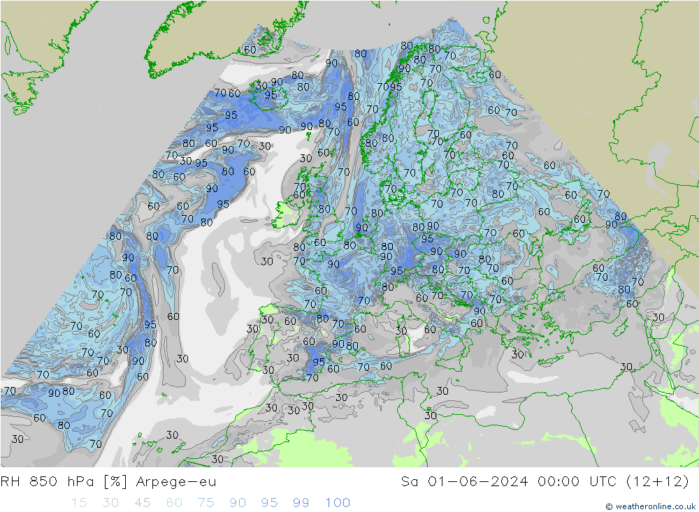 RH 850 hPa Arpege-eu Sa 01.06.2024 00 UTC