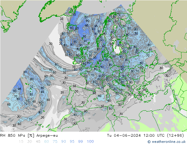 RH 850 hPa Arpege-eu Tu 04.06.2024 12 UTC