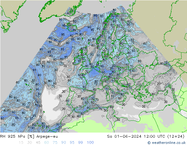 RH 925 hPa Arpege-eu 星期六 01.06.2024 12 UTC