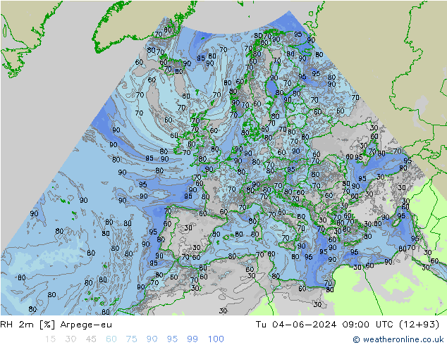 Humidité rel. 2m Arpege-eu mar 04.06.2024 09 UTC