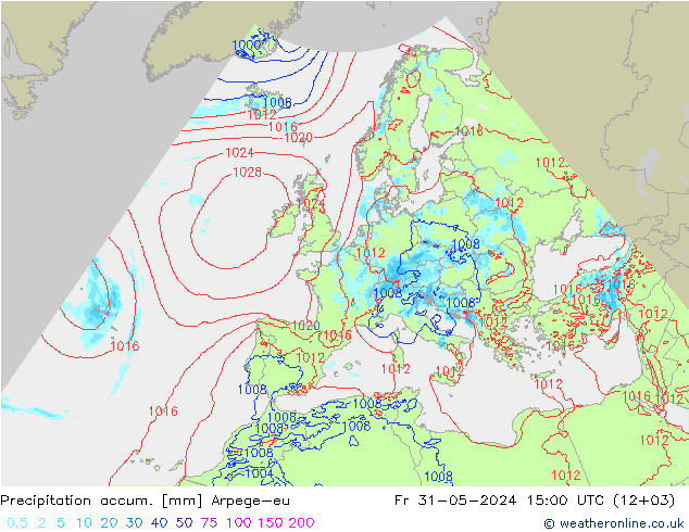 Totale neerslag Arpege-eu vr 31.05.2024 15 UTC