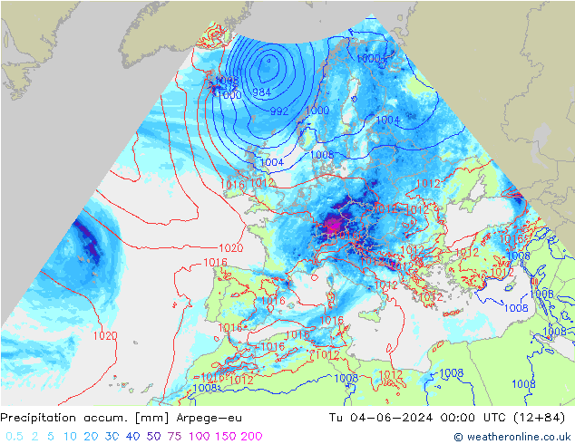 Precipitation accum. Arpege-eu Út 04.06.2024 00 UTC