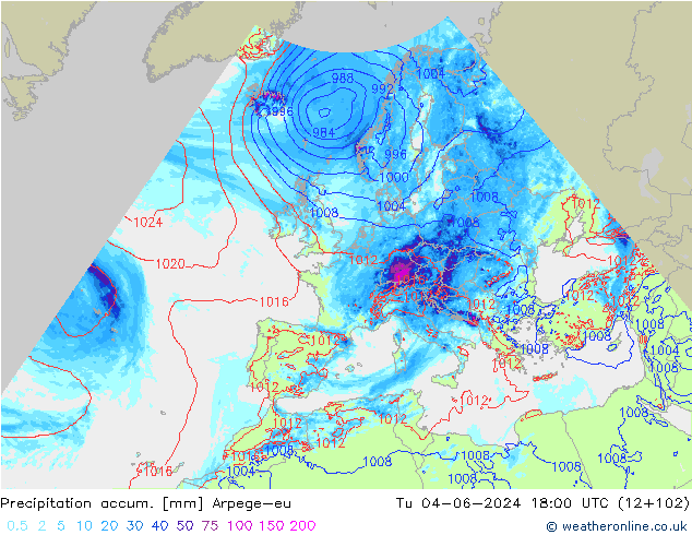 Totale neerslag Arpege-eu di 04.06.2024 18 UTC