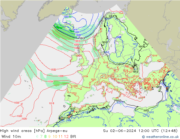 High wind areas Arpege-eu Ne 02.06.2024 12 UTC
