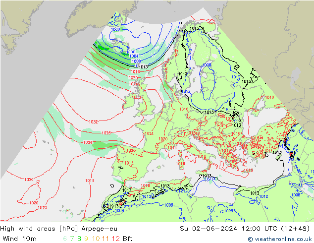 High wind areas Arpege-eu Вс 02.06.2024 12 UTC