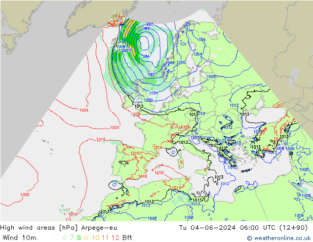 High wind areas Arpege-eu Tu 04.06.2024 06 UTC