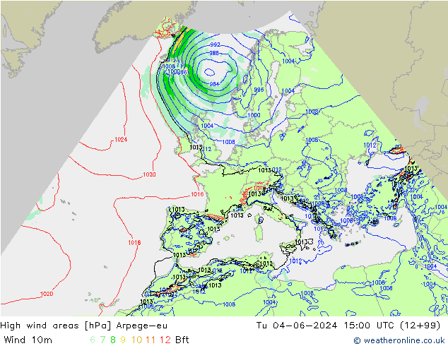 High wind areas Arpege-eu Tu 04.06.2024 15 UTC