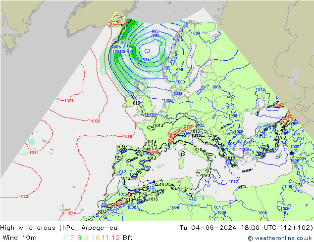 High wind areas Arpege-eu  04.06.2024 18 UTC