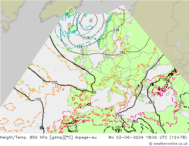 Height/Temp. 850 hPa Arpege-eu lun 03.06.2024 18 UTC