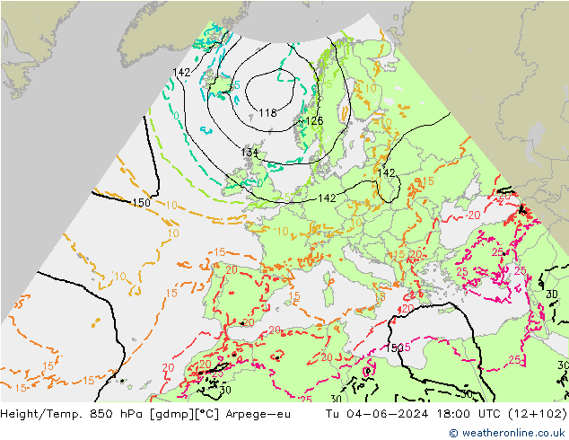 Hoogte/Temp. 850 hPa Arpege-eu di 04.06.2024 18 UTC