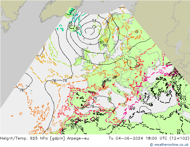 Height/Temp. 925 гПа Arpege-eu вт 04.06.2024 18 UTC