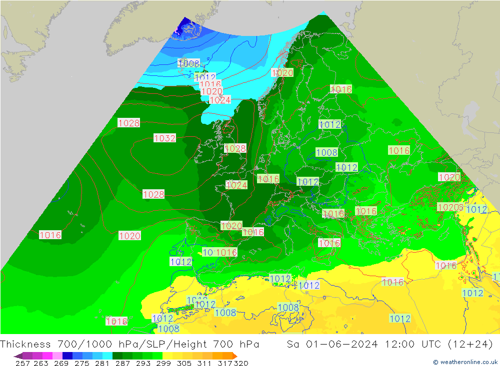 Thck 700-1000 hPa Arpege-eu 星期六 01.06.2024 12 UTC